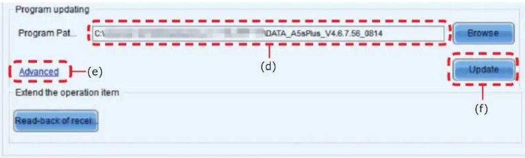 Program updating Program Pat... C:\DATA_A5sPlus_V4.6.7.56_0814 Browse Advanced (e) (d) Update Extend the operation item Read-back of receipt (f)
