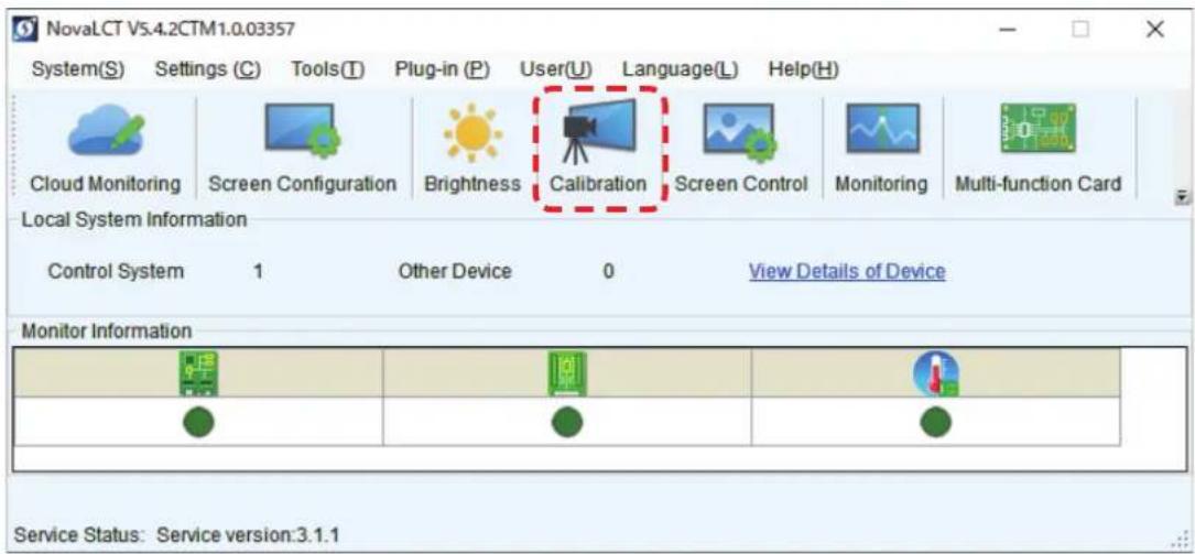 NovaLCT V5.4.2CTM1.0.03357 System(S) Settings (C) Tools(T) Plug-in (P) User(U) Language(L) Help(H) Cloud Monitoring Screen Configuration Brightness Calibration Screen Control Monitoring Multi-function Card Local System Information Control System 1 Other Device 0 View Details of Device Monitor Inform…