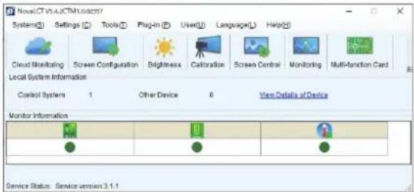 NovalCT V5.4.2CTM 1.0.0237 Systems(S) Settings (T) Tools (T) Plug-in (P) User(U) Language(L) Help(H) Cloud Monitoring Screen Configuration Brightness Calibration Screen Control Monitoring Multi-function Card Local System Information Control System 1 Other Device 6 View Details of Device Monitor Info…