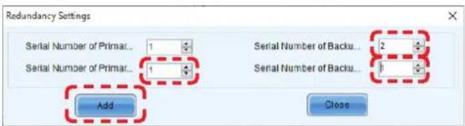 Redundancy Settings Serial Number of Primar... 1 Serial Number of Primar... 1 Add Serial Number of Backu... 2 Serial Number of Backu... 1 Close