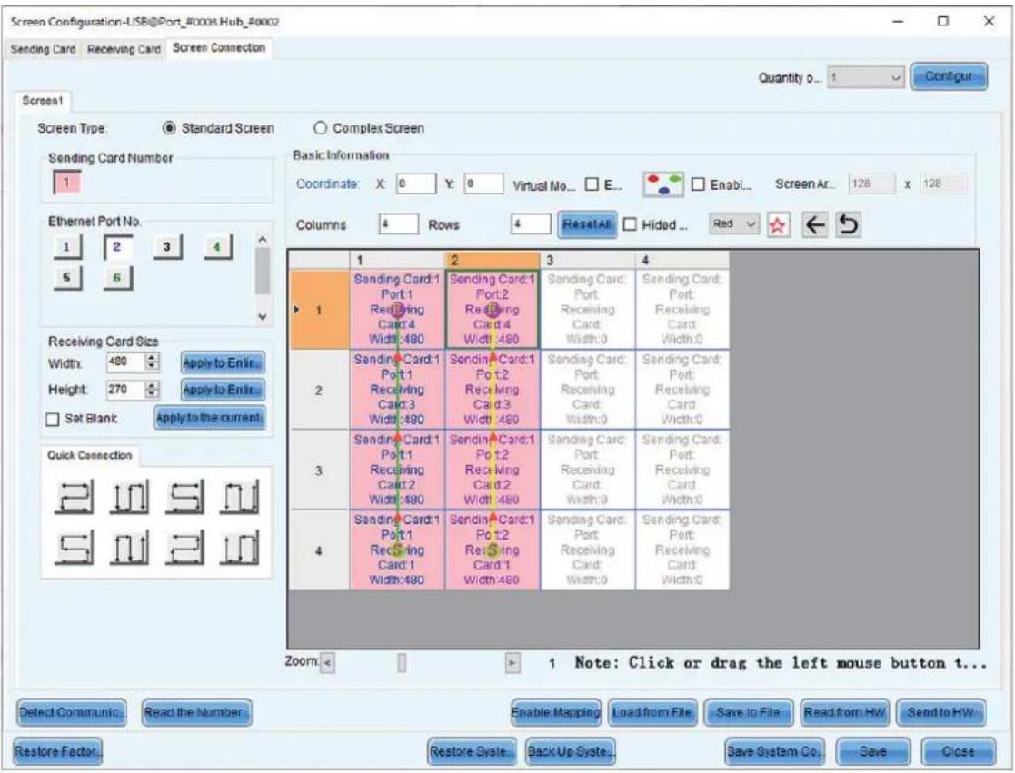 Screen Configuration-USB@Port_40008.Hub_40002 Sending Card Receiving Card Screen Connection Quantity 0... 1 Configur Screen1 Screen Type: Standard Screen Complex Screen Sending Card Number 1 Ethernet Port No. 1 2 3 4 5 6 Receiving Card Size Width: 480 Apply to Enter Height: 270 Apply to Enter Set Bl…