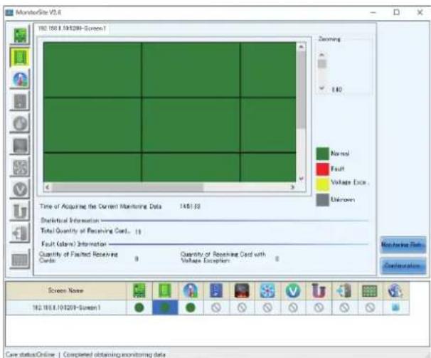 MonitorSite V2.6 180.158.194398-Screen 1 Time of Acquired the Current Monitoring Data 14/01/02 Statistical Information Total Quantity of Receiving Card... 13 Fault (grams) Information Quantity of Faulted Receiving Card: 0 Quantity of Receiving Card with Voltage Exception: 0 Screen Name 182.158.19439…