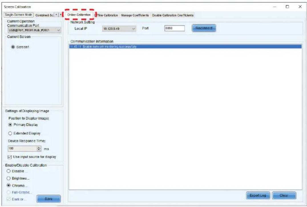 Screen Calibration Single-Screen Mode Combined Sc Online Calibration Time Calibration Manage Coefficients Double Calibration Coefficients Current Operation Communication Port USB@Port_M0001.Hub_M0001 Current Screen Screen1 Settings of Displaying Image Position to Display Image: Primary Display Exten…
