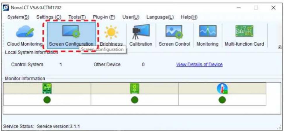 NovaLCT V5.6.0.CTM1702 System(S) Settings (C) Tools(T) Plug-in (P) User(U) Language(L) Help(H) Cloud Monitoring Screen Configuration Brightness Calibration Screen Control Monitoring Multi-function Card Local System Information Screen Configuration Control System 1 Other Device 0 View Details of Devi…