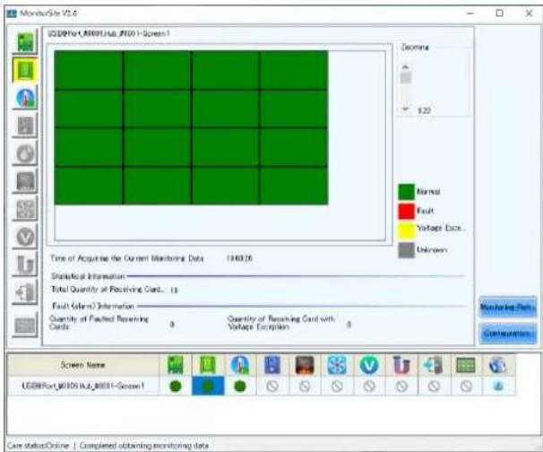 MonitorSite V2.6 USB@Port_8001Hub_8001-Screen1 Time of Acquiring the Current Monitoring Data 1349326 Statistical Information Total Quantity of Receiving Cards... 15 Fault (Select) Information Quantity of Paused Receiving Cards 0 Quantity of Receiving Card with Voltage Extration 0 Screen Name USB@Por…