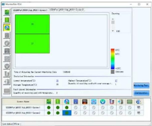 MonitorSite V2.6 USBPort_0001/Ala_0001-Screen1 - USBPort_0001/Ala_0001-Screen 2 Time of Acquiring the Current Monitoring Data 14:05:40 Statistical Information Lowest temperature(°C) Hateral Temperature(°C) Average Temperature(°C) Quantity of receiving card with over-average t... 1 Fault (Isolation)…