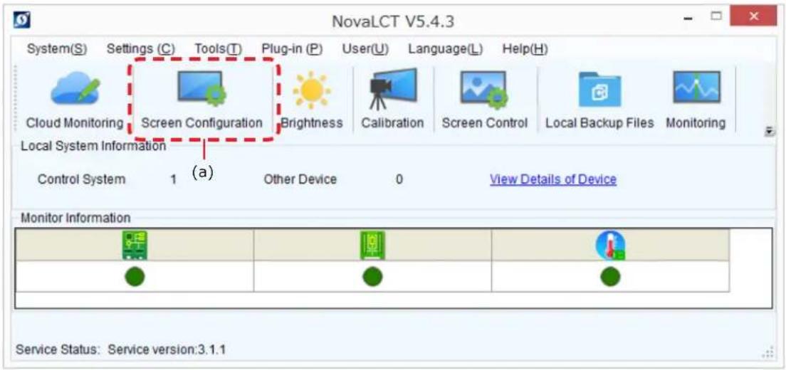 NovaLCT V5.4.3 System(S) Settings (C) Tools(T) Plug-in (P) User(U) Language(L) Help(H) Cloud Monitoring Screen Configuration Brightness Calibration Screen Control Local Backup Files Monitoring Local System Information Control System 1 Other Device 0 View Details of Device Monitor Information Service…