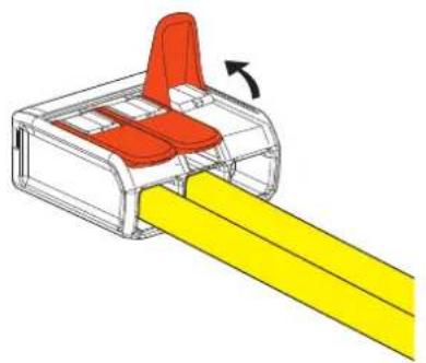 3D diagram of a connector with red seat and yellow strip, showing directional arrow (no text or symbols)