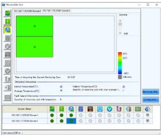 MonitorSite V2.4 102.168.1.1815208-Screen 1 - 192.168.1.1815208-Screen 1 Zoomers 140 -80°C -80°C -80°C Unknown Time of Acquiring the Current Monitoring Data 16:12:87 Statistical Information Lowest temperature(°C) 36 Highest Temperature(°C) Average Temperature(°C) 36 Quantity of receiving card with o…