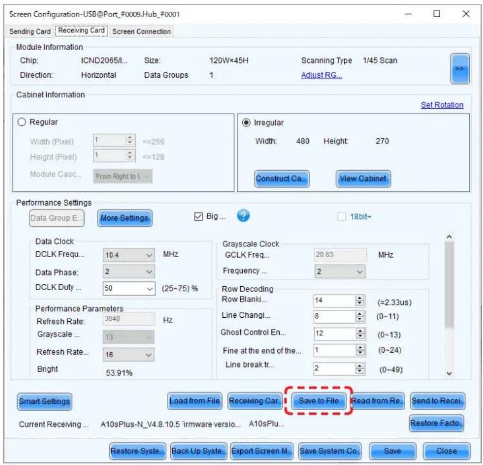 Screen Configuration-USB@Port_0009.Hub_0001 Sending Card Receiving Card Screen Connection Module Information Chip: ICND2065/... Size: 120W×45H Scanning Type 1/45 Scan Direction: Horizontal Data Groups 1 Adjust RG... Cabinet Information Regular Width (Pixel) 1 <=256 Height (Pixel) 1 <=128 Module Casc…