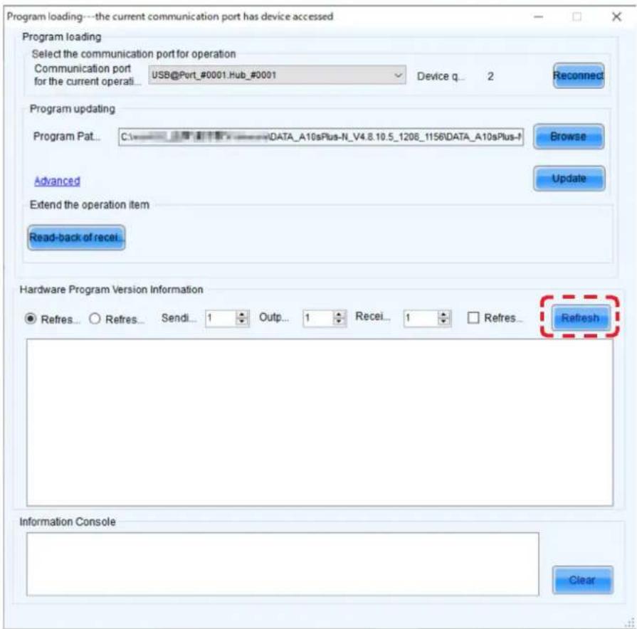 Program loading---the current communication port has device accessed Program loading Select the communication port for operation Communication port USB@Port_#0001.Hub_#0001 Device q 2 Reconnect for the current operati... Program updating Program Pat... C:\DATA_A10sPlus-N_V4.8.10.5_1206_1156\DATA_A10…