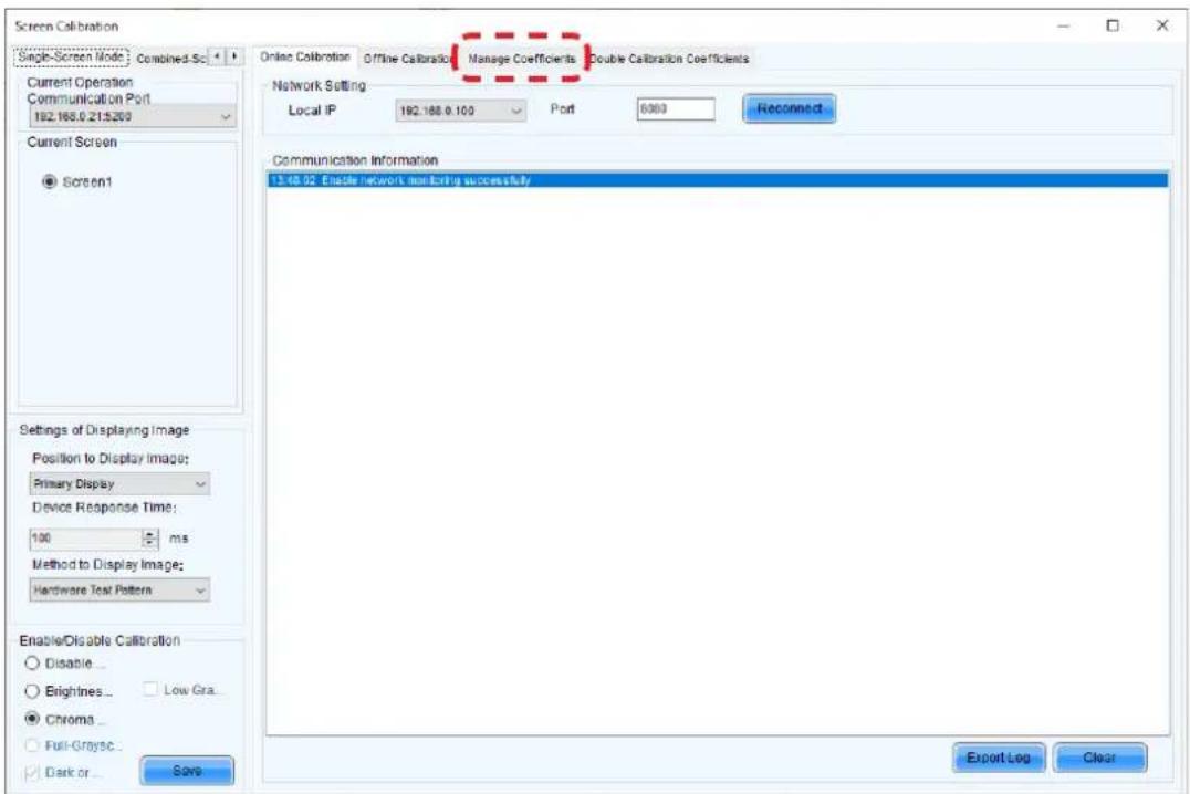Screen Calibration Single-Screen Mode: Combined-Sc Current Operation Communication Port 192.168.0.215.209 Current Screen Screen1 Settings of Displaying Image Position to Display Image: Primary Display Device Response Time: 100 ms Method to Display Image: Hardware Test Pattern Enable/Disable Calibrat…