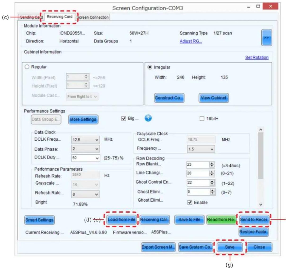 Screen Configuration-COM3 Sending Card Receiving Card Screen Connection Module Information Chip: ICND2055/I... Size: 60W×27H Scanning Type 1/27 scan Direction: Horizontal Data Groups 1 Adjust RG... Cabinet Information Regular Width (Pixel) 1 <=256 Height (Pixel) 1 <=128 Module Casc... From Right to…
