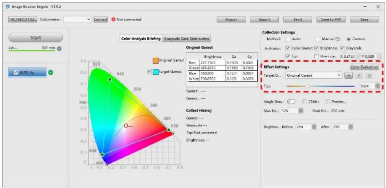 Image Booster Engine - V1.0.2 192.158.0.21:52 ... Colorimeter: Connect Not connected Import Export Save to HW Save Start Esti... 0/0 min 50.00 Hz Color Analysis Briefing Grayscale Data Distribution Original Gamut Original Gamut Target Gamut Gamut... Garnut... Collect History Gamut: Grayscale Top:Not…