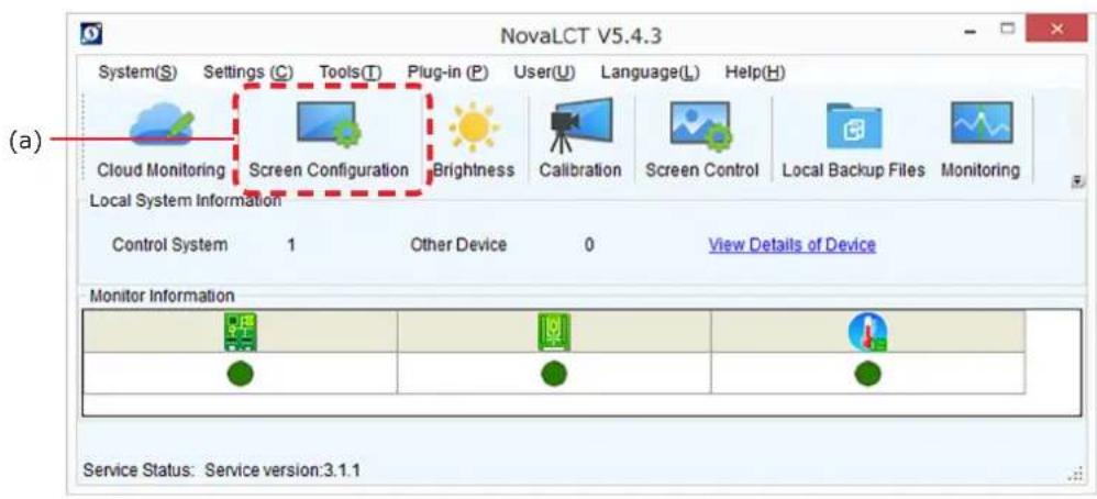 NovaLCT V5.4.3 System(S) Settings (C) Tools(T) Plug-in (P) User(U) Language(L) Help(H) Cloud Monitoring Screen Configuration Brightness Calibration Screen Control Local Backup Files Monitoring Local System Information Control System 1 Other Device 0 View Details of Device Monitor Information Service…