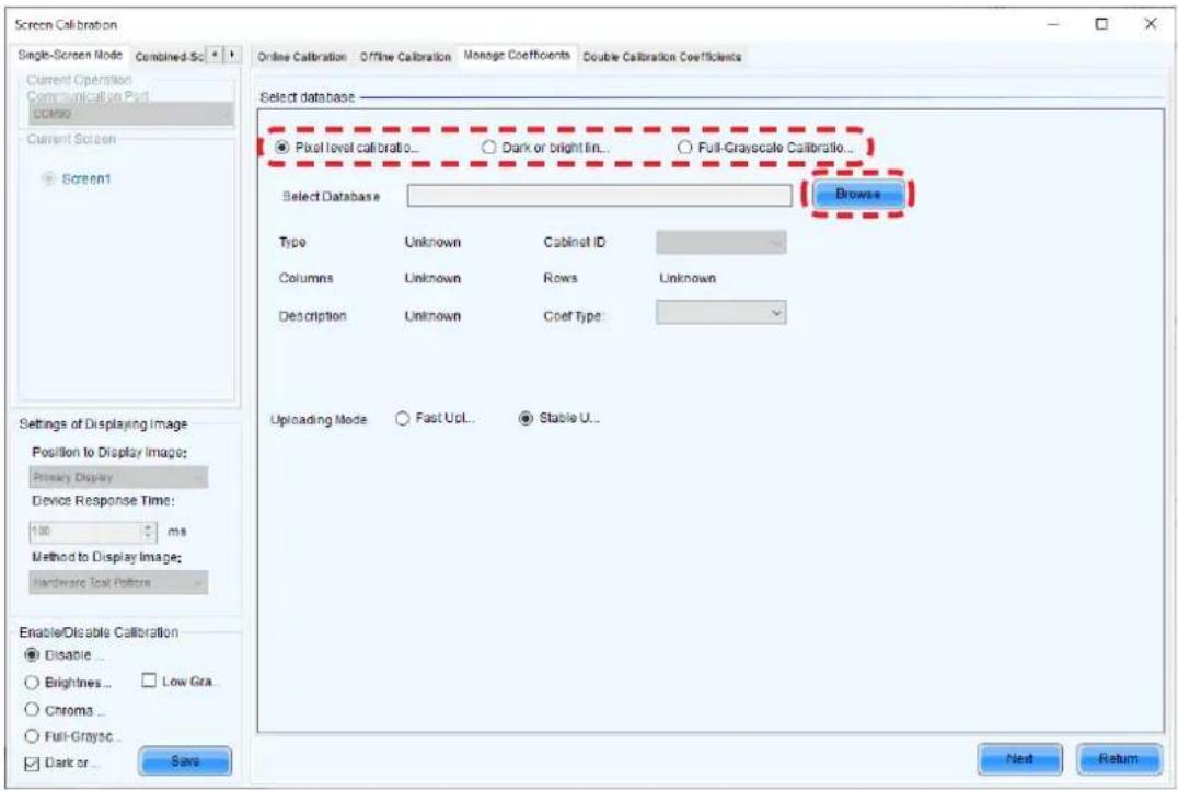 Screen Calibration Single-Screen Mode Combined-So Current Operation Communication Post course Current Screen Screen1 Online Calibration Offline Calibration Manage Coefficients Double Calibration Coefficients Select database Pixel level calibration... Dark or bright line... Full-Grayscale Calibration…