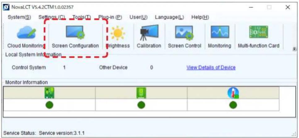 NovaLCT V5.4.2CTM1.0.02357 System(S) Settings (C) Tools(T) Plug-in (P) User(U) Language(L) Help(H) Cloud Monitoring Screen Configuration brightness Calibration Screen Control Monitoring Multi-function Card Local System Information Control System 1 Other Device 0 View Details of Device Monitor Inform…