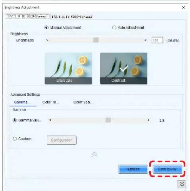 Brightness Adjustment 172.1.0.11:5200-Sereal 172.1.0.10 (5200-Screen) 172.1.0.11:5200-Sereal Brightness Brightness < > Auto Adjustment 127 (49.8%) Grayscale Contrast Advanced Settings Gamma Color Te... Color Spa... Gamma Gamma Valu... 2.8 Custom _ Configuration Refresh Save to HIV