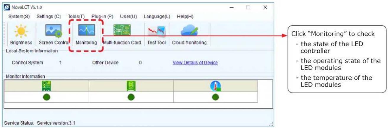 NovaLCT V5.1.0 System(S) Settings (C) Tools(T) Plug-in (P) User(U) Language(L) Help(H) Brightness Screen Control Monitoring Multi-function Card Test Tool Cloud Monitoring Local System Information Control System 1 Other Device 0 View Details of Device Monitor Information Service Status: Service versi…