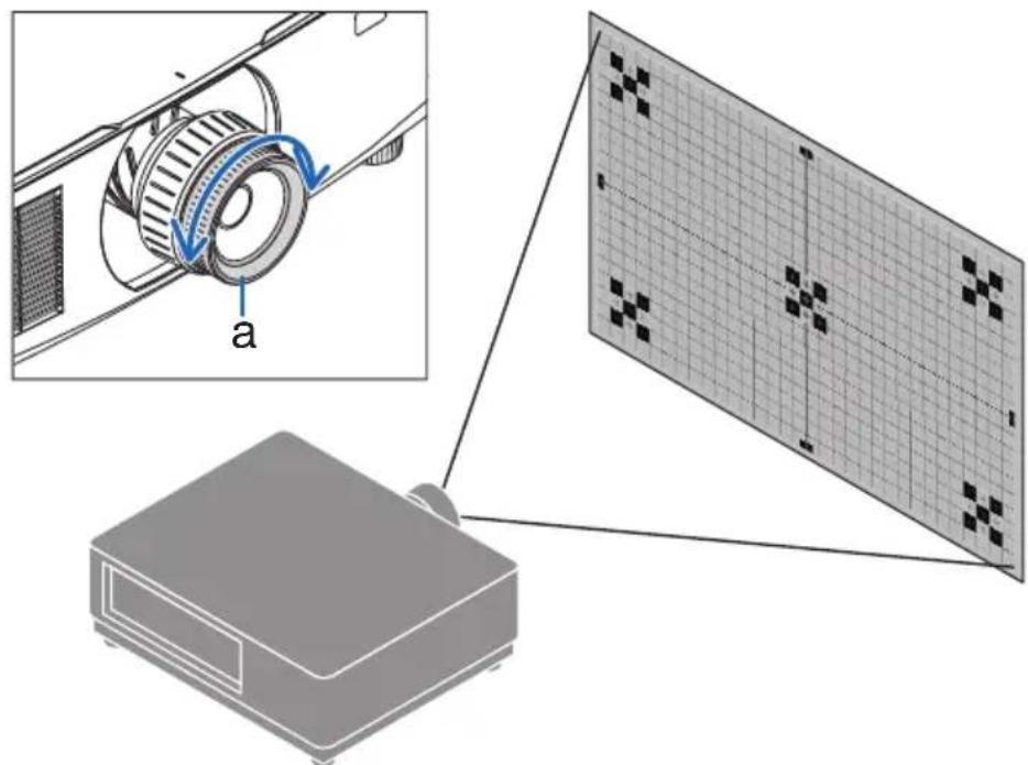 Diagram illustrating a projector setup with labeled components and a grid screen showing pixel patterns