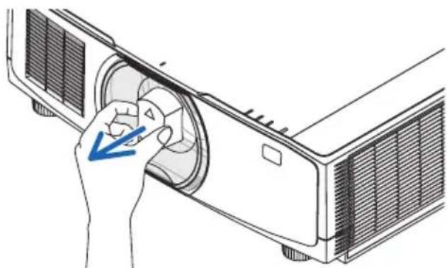 Illustration of a hand inserting a component into a projector (no text or symbols visible)