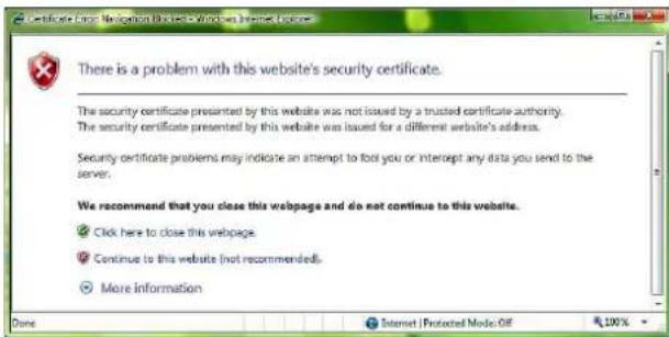There is a problem with this website's security certificate. The security certificate presented by this website was not issued by a trusted certificate authority. The security certificate presented by this website was issued for a different website's address. Security certificate problems may indica…