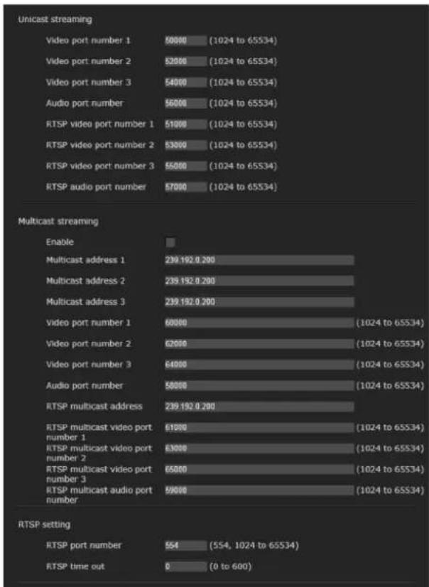 | Category | Unicast streaming | Multicast streaming | | :--- | :--- | :--- | | Video port number 1 | 50000 (1024 to 65534) | 299.192.0.200 | | Video port number 2 | 52000 (1024 to 65534) | 239.192.0.200 | | Video port number 3 | 54000 (1024 to 65534) | 239.192.0.200 | | Audio port number | 56000 (1…