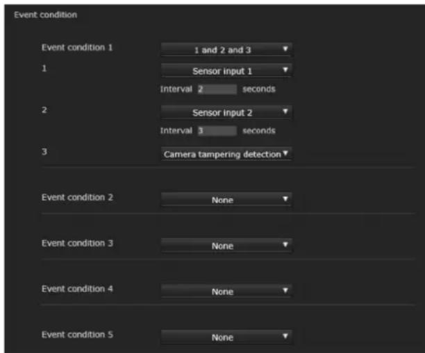 Event condition Event condition 1 1 and 2 and 3 1 Sensor input 1 Interval 2 seconds 2 Sensor input 2 Interval 3 seconds 3 Camera tampering detection Event condition 2 None Event condition 3 None Event condition 4 None Event condition 5 None