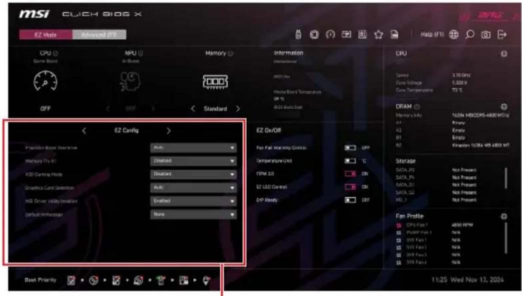 msi CUCH BIOS X EZ Mode Advanced IPT CPU Game Buser NPU Air Buser Memory Information Maintenance OFF Standard CPU Speed 3.70 GHz Core Voltage 1.328 V Core Temperature 75 °C DRAM Memory Info A1 Ready A2 Ready B1 Ready B2 Kingshen TSINs MS ARIS MT1 Storage DATA_J1 Not Present DATA_J4 Not Present DATA_…