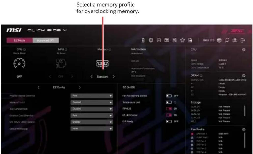 MSI CLICK BIOS X EZ Mode Aversort 201 CPU Dance Boost NPU AI Boost Memory Information Embedded BIOS Var Home/Coast Temperature 39 °C BIOS Build Date OFF < OFF > < Standard > EZ Config > Provisions Best Derivative Memories Tin B1 320 Gaming Mode Singleless Core Description USB Driver Utility Connecti…