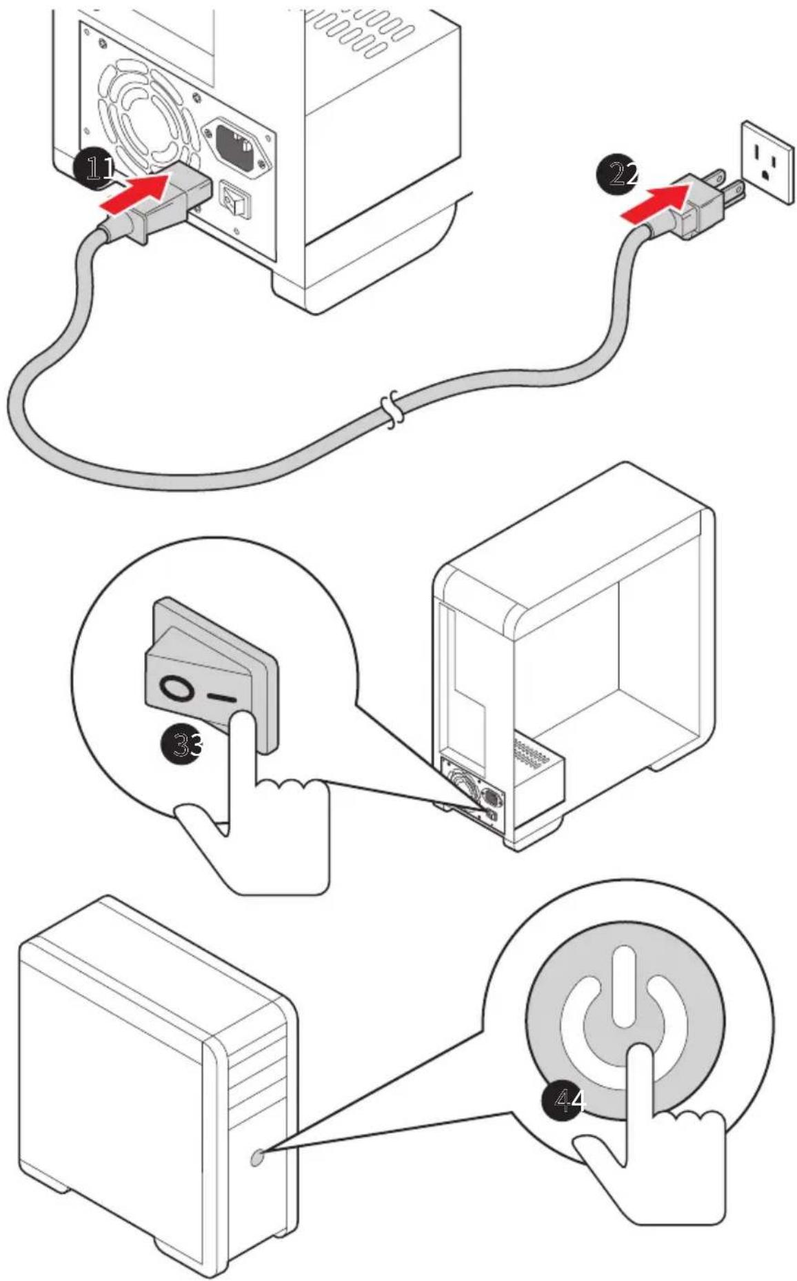 Diagram illustrating the connection between a computer and a power unit, showing cable routing and control buttons.