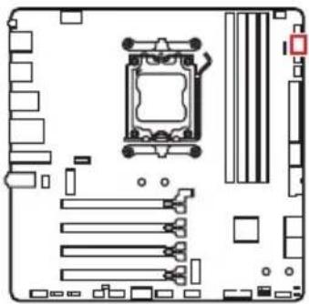 Top-down schematic of a computer motherboard showing CPU socket, RAM slots, and drive bays (no text or labels)