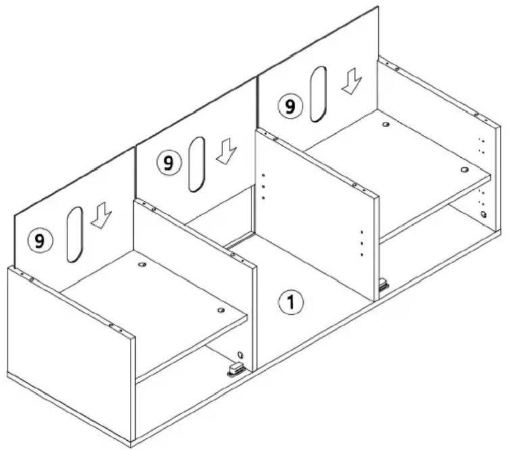 Isometric diagram of a multi-level electronic device with numbered components and directional arrows indicating flow or movement.