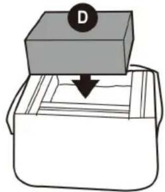 Diagram of a mechanical device with a labeled component D, showing a downward arrow emerging from a rectangular block (no text or symbols present)
