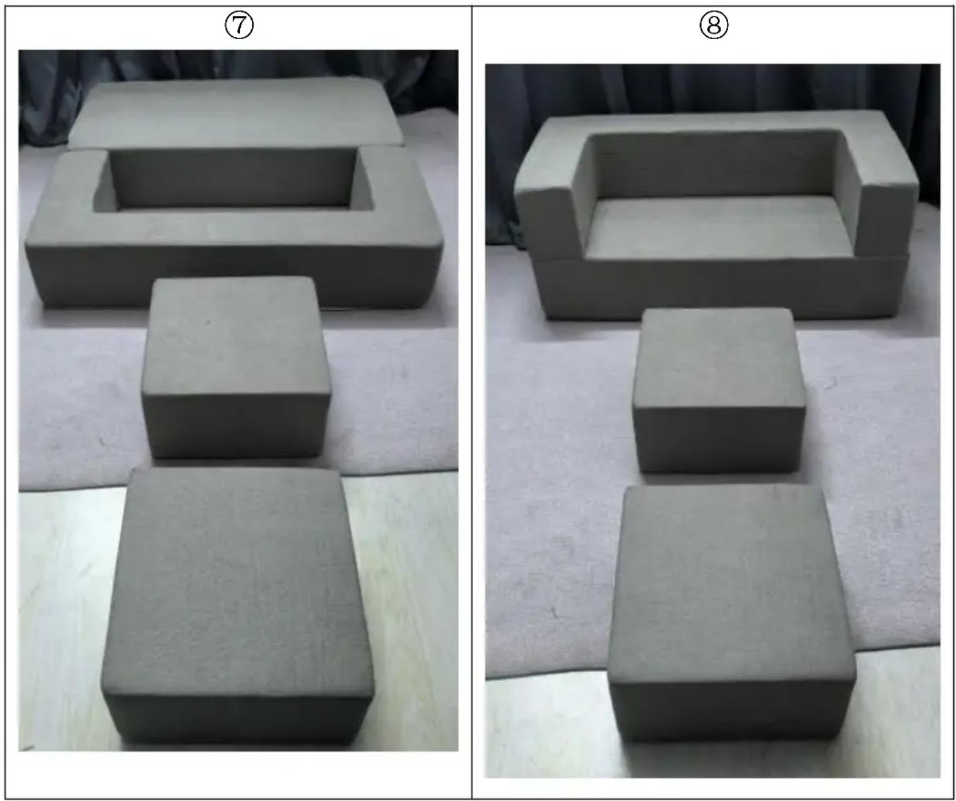 Two views of a clay sculpture showing different geometric shapes (cylindrical and rectangular) on a white surface, labeled ⑦ and ⑧.
