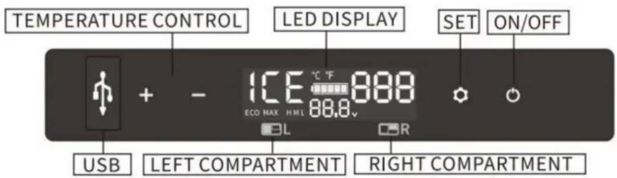 TEMPERATURE CONTROL LED DISPLAY SET ON/OFF + - ICE 888 ECO MAX HML 88.8 USB LEFT COMPARTMENT RIGHT COMPARTMENT