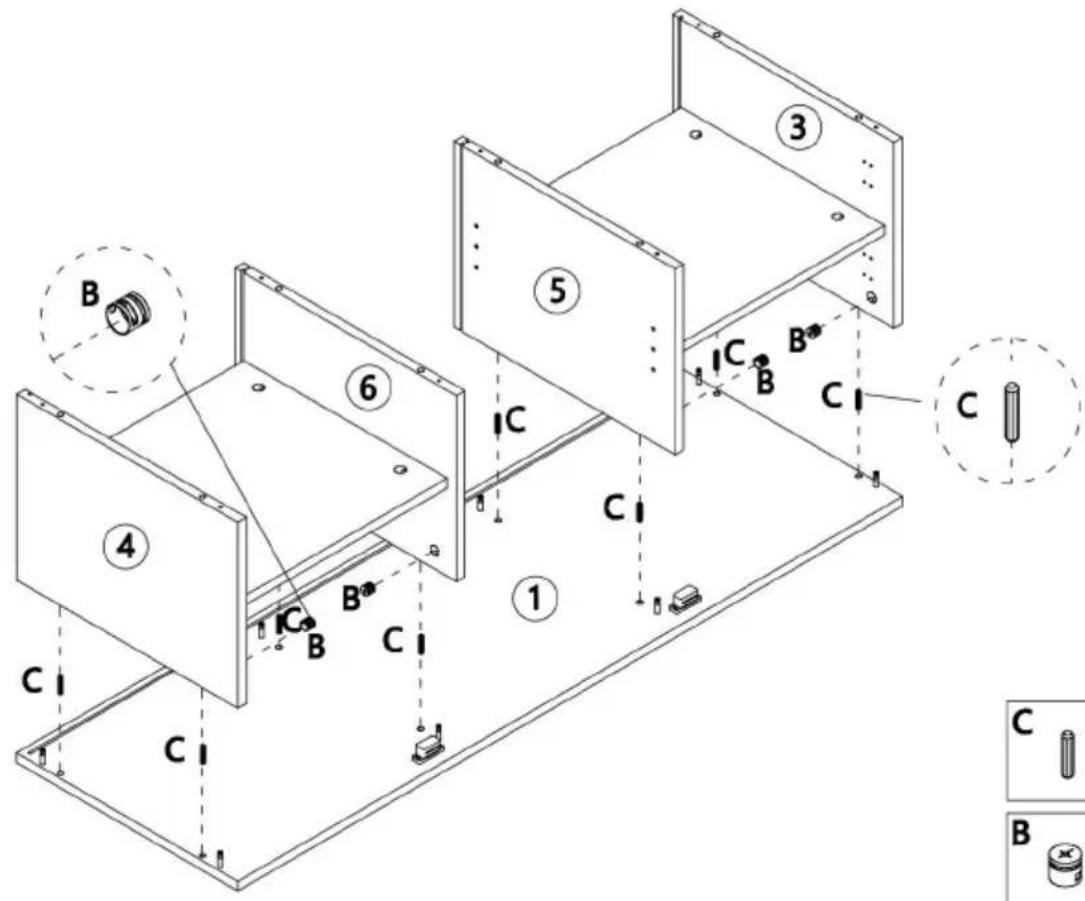 Technical diagram of a mechanical assembly with numbered components and labeled parts (B, C, B*)