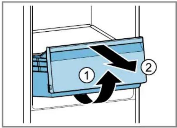 Diagram showing airflow or movement of a blue container with numbered arrows and directional arrows indicating flow direction.