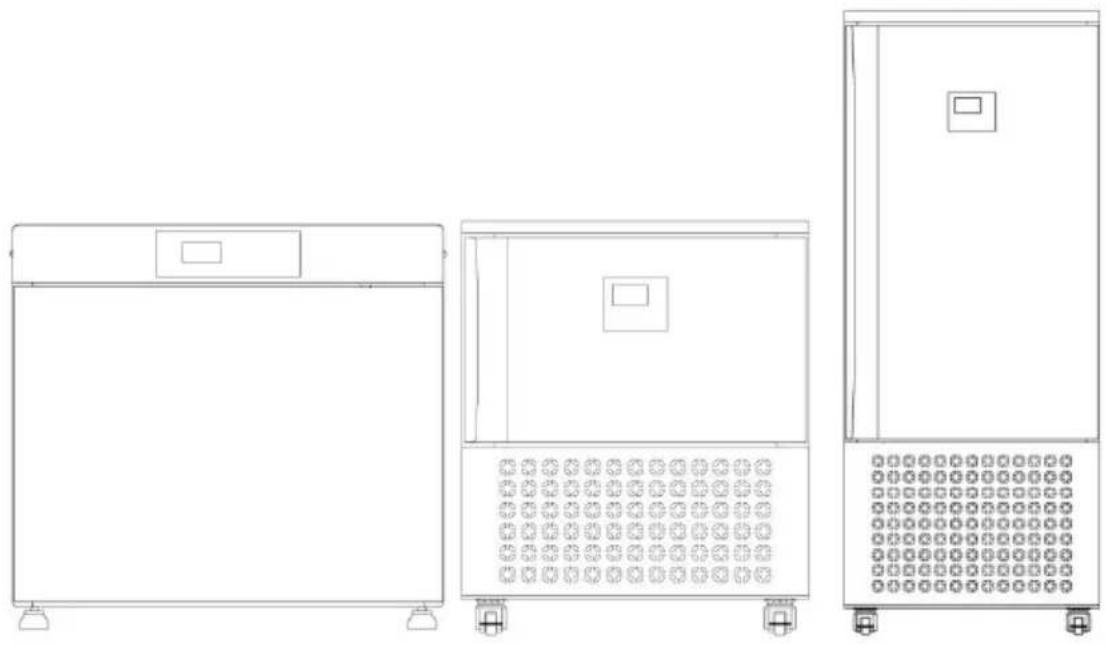 Technical line drawings of three different industrial equipment units with no visible text or symbols