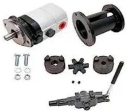 Collection of mechanical components including motor, flange, gear, and hydraulic shaft assembly (no text or symbols visible)