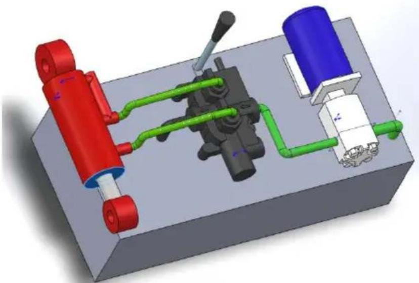 3D mechanical assembly diagram showing components like hydraulic cylinder, valve, and housing (no text or labels)