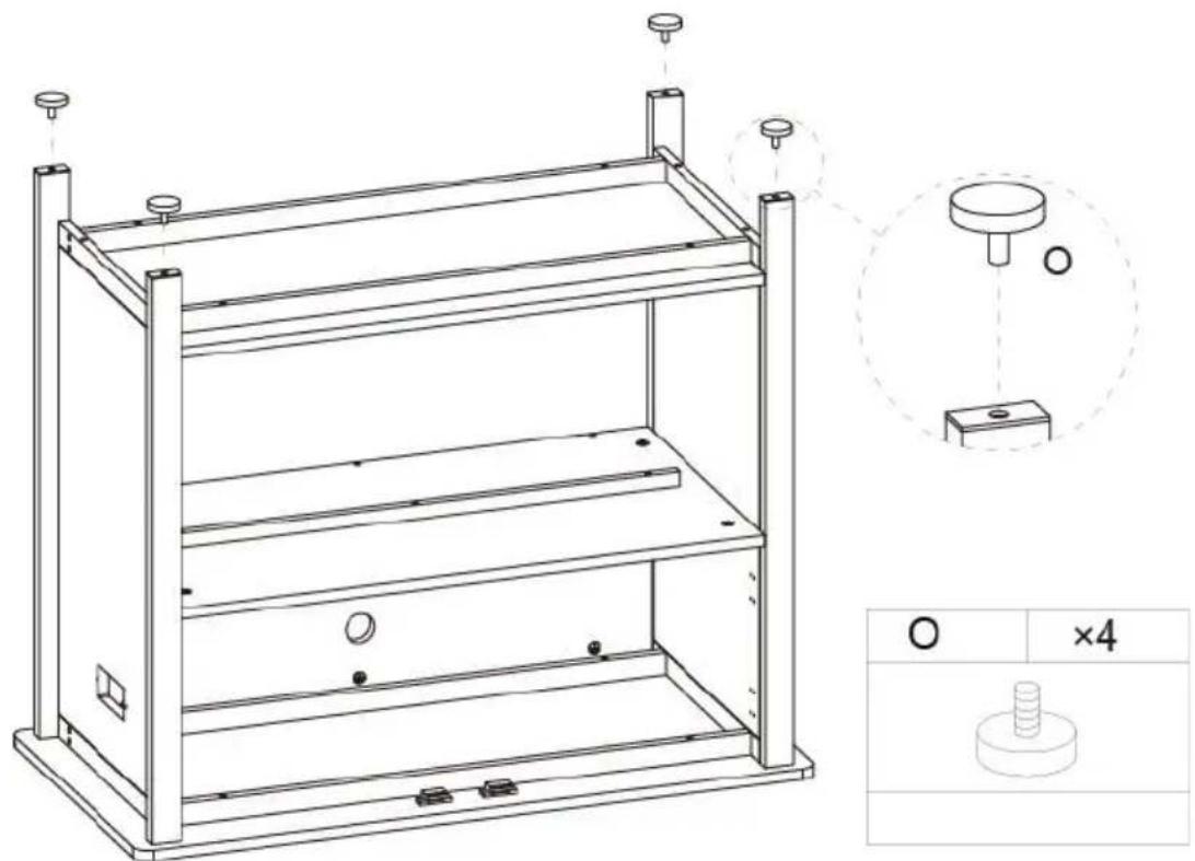 Technical line drawing of a multi-level metal shelving unit with mounting feet and a close-up inset showing a circular component (no text or symbols)