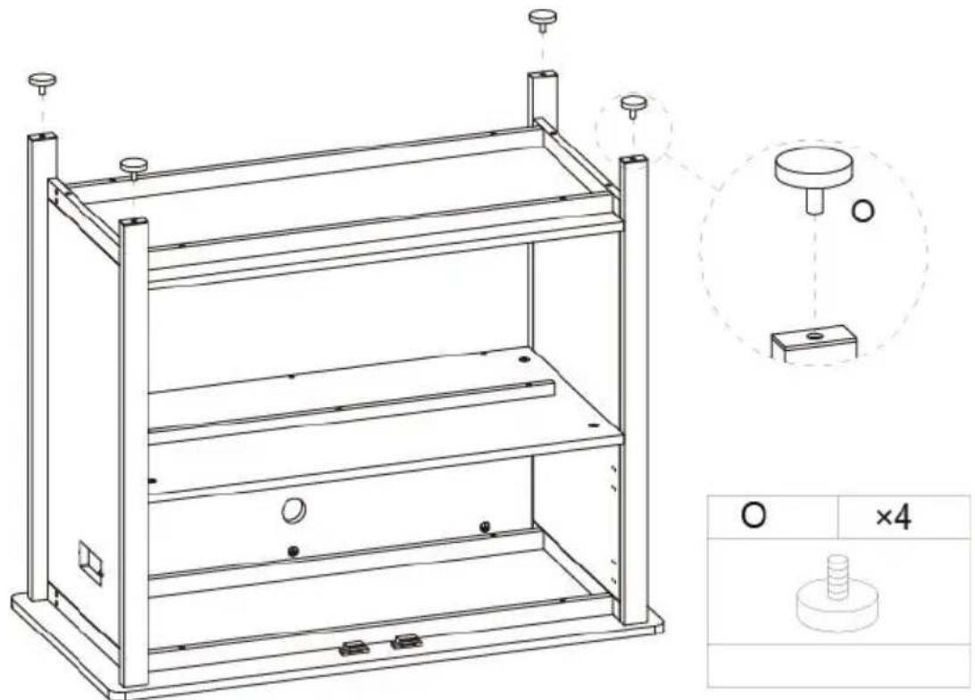 Technical line drawing of a multi-level shelving unit with mounting feet and a close-up inset showing a circular component (no text or symbols)