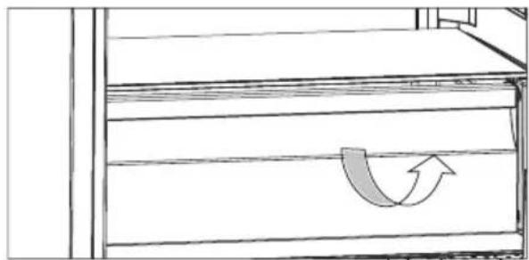 Line drawing of a cabinet with an arrow indicating clockwise motion (no text or symbols)