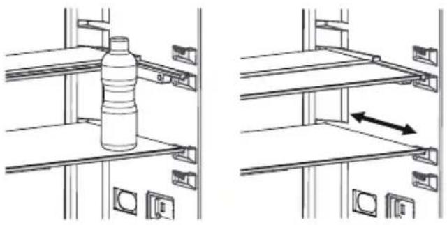 Diagram showing two views of a storage shelf with a plastic bottle and directional arrows indicating movement (no text or symbols)