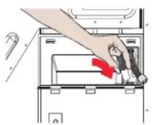 Illustration of a hand inserting a component into a device (no text or symbols visible)
