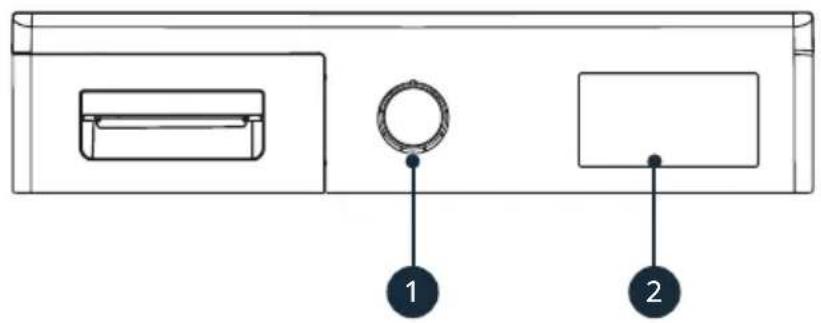 Diagram of a device panel with labeled components, showing two parts and a circular component.