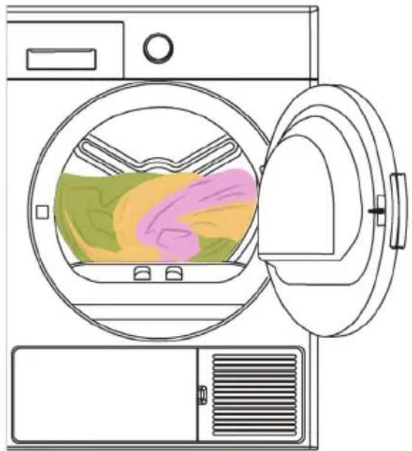 Line drawing of a washing machine with an open door and internal compartments (no text or symbols)