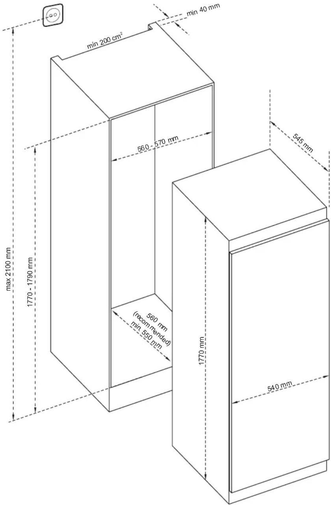 max 2100 mm 1770 - 1790 mm min 200 cm² 560 mm (secum m/dec) min 350 mm (secum m/dec) 1770 mm 540 mm 545 mm min 40 mm