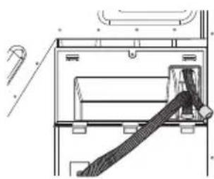 Technical line drawing of a mechanical device with a coiled cable and mounting bracket (no text or symbols)